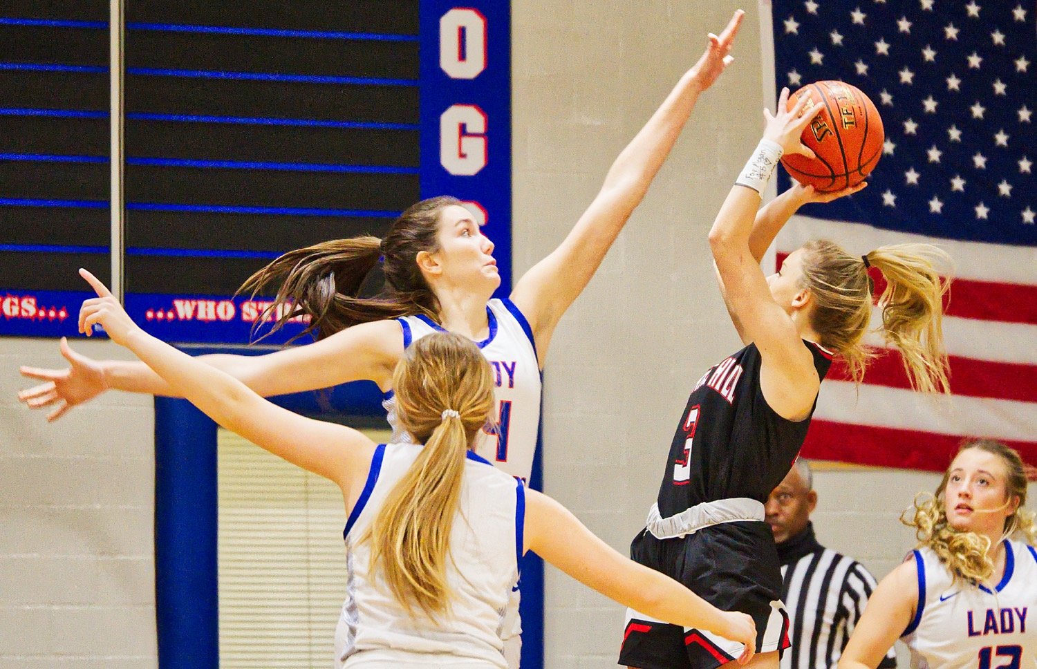 Ava Burroughs blocks a Lady Red Devil's shot in the opening minutes of the contest. [shots available to print]